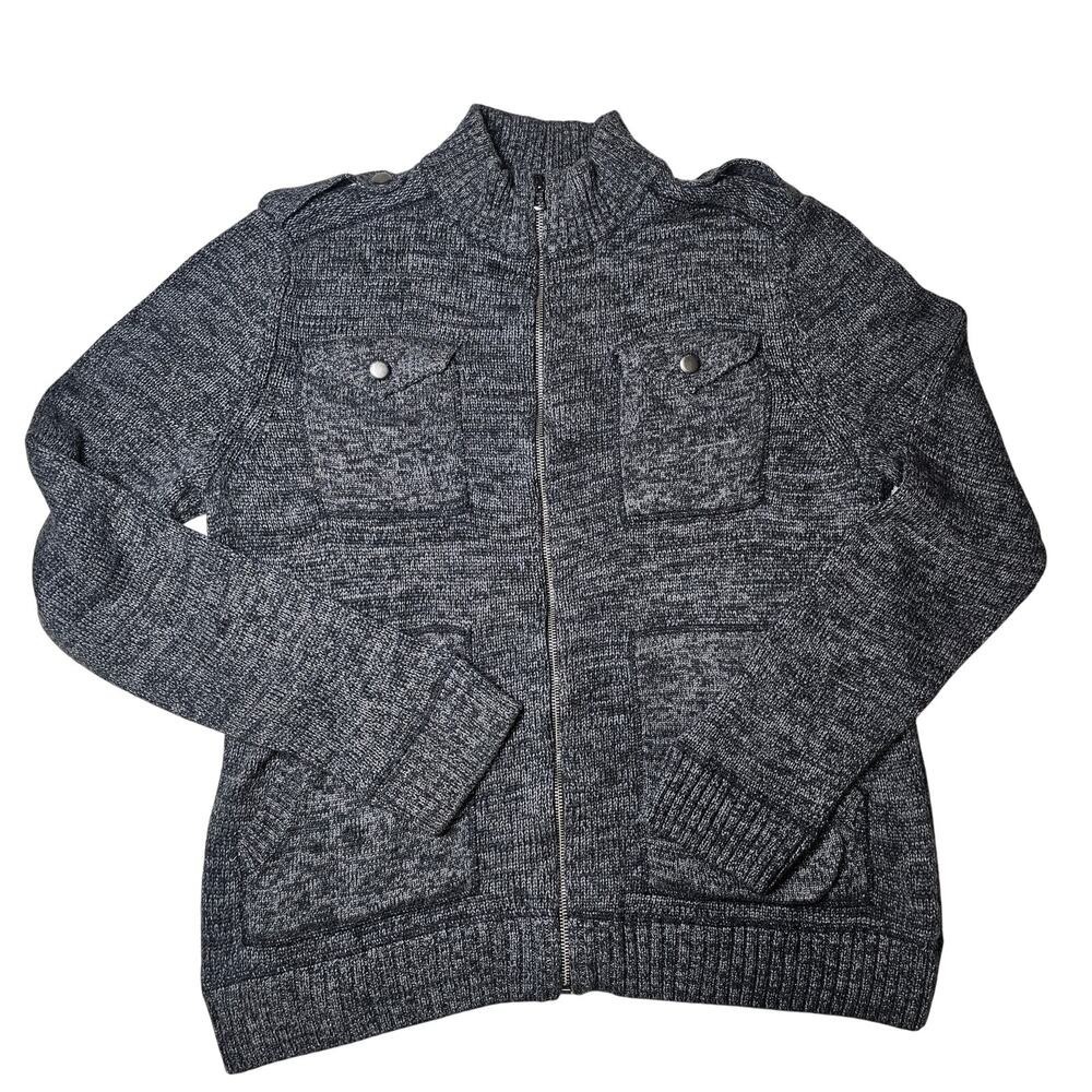 Rock & Republic Heathered Grey Grandpa Zip Up Sweater Cardigan Button Det XL